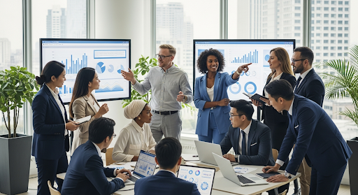 A diverse group of professionals from various global backgrounds collaborating effectively in a contemporary office setting, highlighting seamless international communication and teamwork.